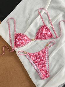Swim Vcay Conjunto de bikini de verano para mujer con parte superior de atar al cuello con estampado total y Bottom triangular - Rosa - Ver 4