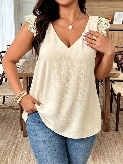 Weeklong Plus Size Women's Elegant Seamless V-Neck Lace Trim Soft Camisole Top, Comfortable For Vacation, Home, Casual, Summer Floral Blouse For Graduation, Holiday, Valentine's Day, Music Festival, Mother's Day, Halloween, Thanksgiving, Easter, National Day, Prom, Date, Wedding, Outdoor Activities Elegant Blouses For Women Women's Summer Tops Boutique Tops Casual Tops For Women Lace Detail Tops