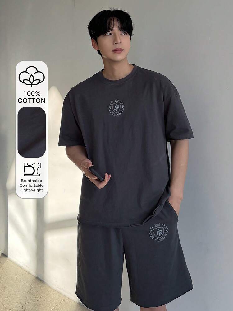 Men's Letter Print Grey Short Sleeve T-Shirt And Shorts Set, Summer