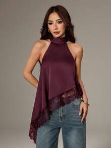 SHEIN PETITE Áo kiểu yếm cổ cao bất đối xứng với viền ren, thích hợp cho tiệc tối, cocktail, trang trọng, thanh lịch, không tay, đi chơi đêm, dự tiệc cưới, mùa hè, thu, kiểu trễ vai. - Màu Đỏ Sâu - Xem 3