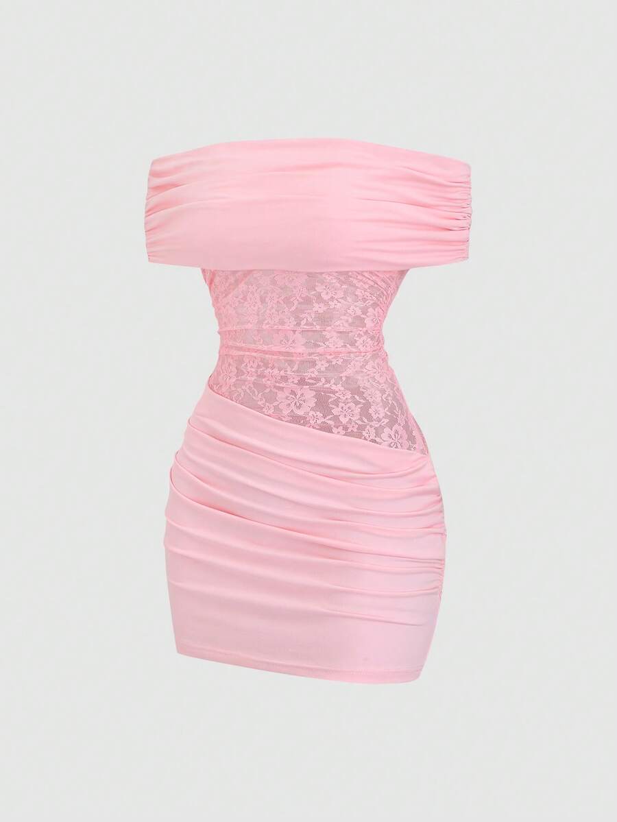 Sweetra Y2K Sexy Off-Shoulder Pleated Lace Patchwork Elegant Vacation Dress - Pink - View 1