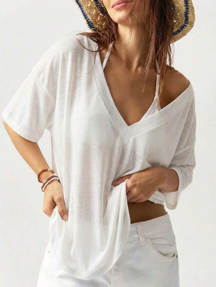 SHEIN Swim Vcay 2026新款女士夏季沙滩度假休闲宽松V领半透明性感露肩特殊面料T恤罩衫 - 白色 - 查看 1