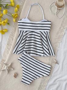 少女/青少年女孩条纹提花吊带泳衣套装，黑白相间，荷叶边挂脖设计，沙滩/度假休闲款 - 白色 - 查看 2