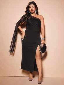 Cravure Elegant Women's Plus Size Solid Color Lace Patchwork Waist Dress Gym Brown Summer - Black - View 3