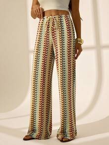 SHEIN Tall 女士度假风抽绳腰带印花宽松阔腿休闲裤，秋季款 - 彩色 - 查看 6