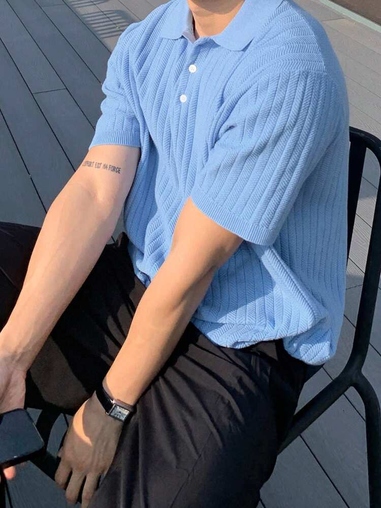 Blue Short Sleeve Polo Neck Knit Top For Men