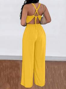 EMERY ROSE Sexy Vacation Twist Back Tie Strap Loose Wide Leg Pants 2 Pieces Set - Yellow - View 3