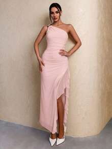 SHEIN Glamour Gaun Maxi Duyung Satu Bahu Warna Merah Muda Pucat, Gaun Bodycon Elegan dengan Detail Bahu Metalik & Belahan Tinggi Berumbai, Gaun Formal Jala Elastis - Berwarna merah muda - View 9