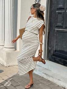 SHEIN Maternity Striped Round Neck Cap Sleeve Tie-Waist Split Hem Dress, Fashionable - Khaki - View 1