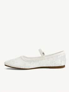 CUCCOO CHICEST Zapatos de mujer con punta cuadrada pequeña, suela plana, de malla de encaje blanco transpirable. Zapatos de mujer de suela plana, ligeros, cómodos y sencillos, versátiles para el uso diario y el transporte. - 2025 Malla Encaje Blanco No. 2 - Ver 4