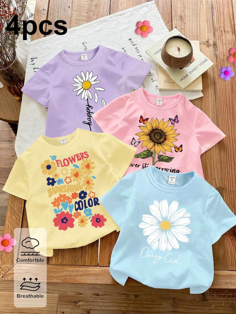 Elladie kids 4件装女童休闲时尚创意个性清新可爱简约雏菊、向日葵、彩色蝴蝶、心形、字母印花短袖T恤，紫色、粉色、黄色、蓝色，舒适日常穿着，温暖夏日风格，适合春夏季节 - 彩色 - 查看 1