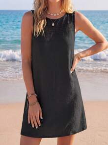 SHEIN LUNE 女士纯色蕾丝拼接圆领无袖连衣裙，休闲款 - 黑色 - 查看 4