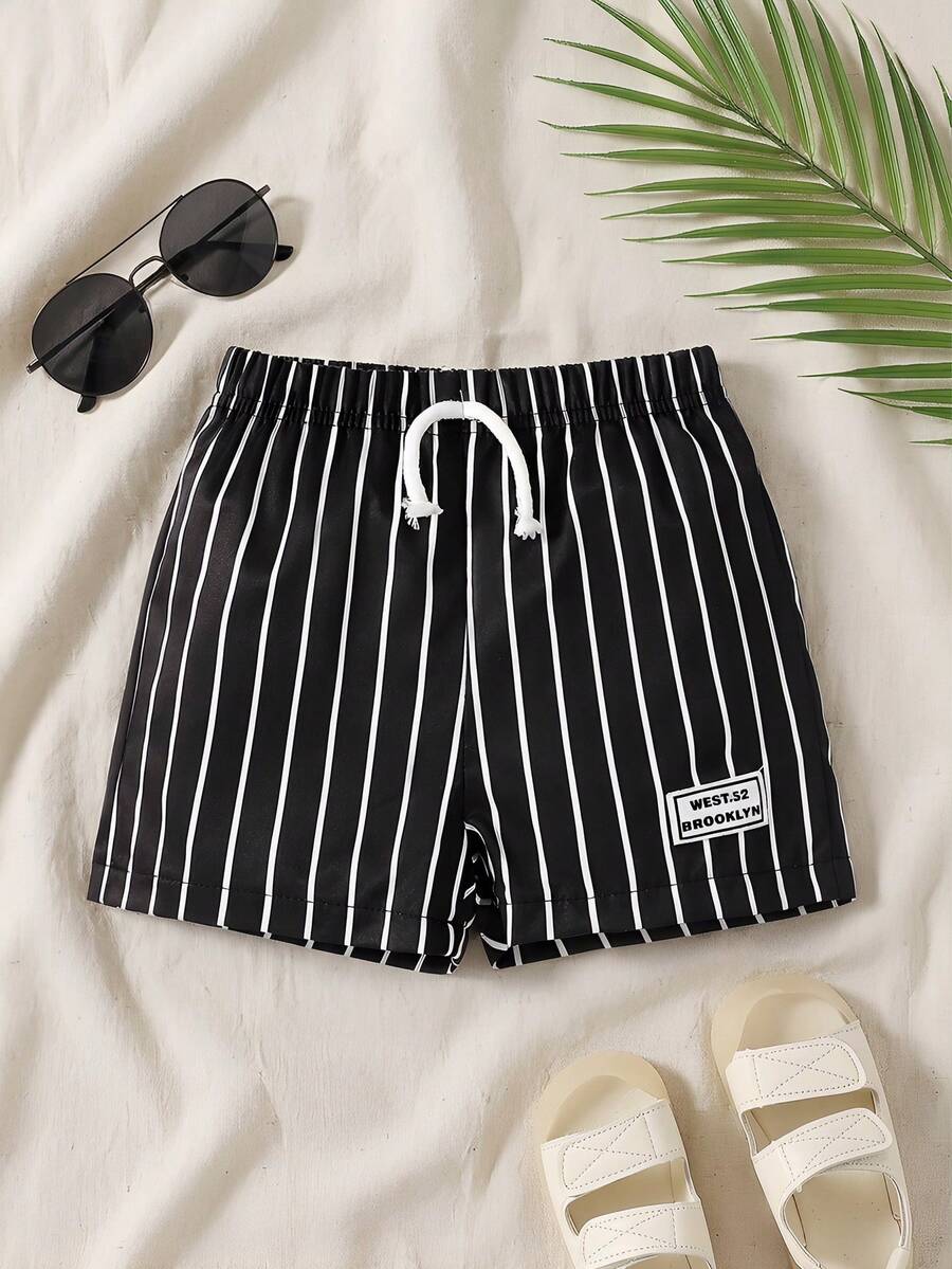 SHEIN Toddler Boys' Casual Striped Shorts, Summer - Black - View 1