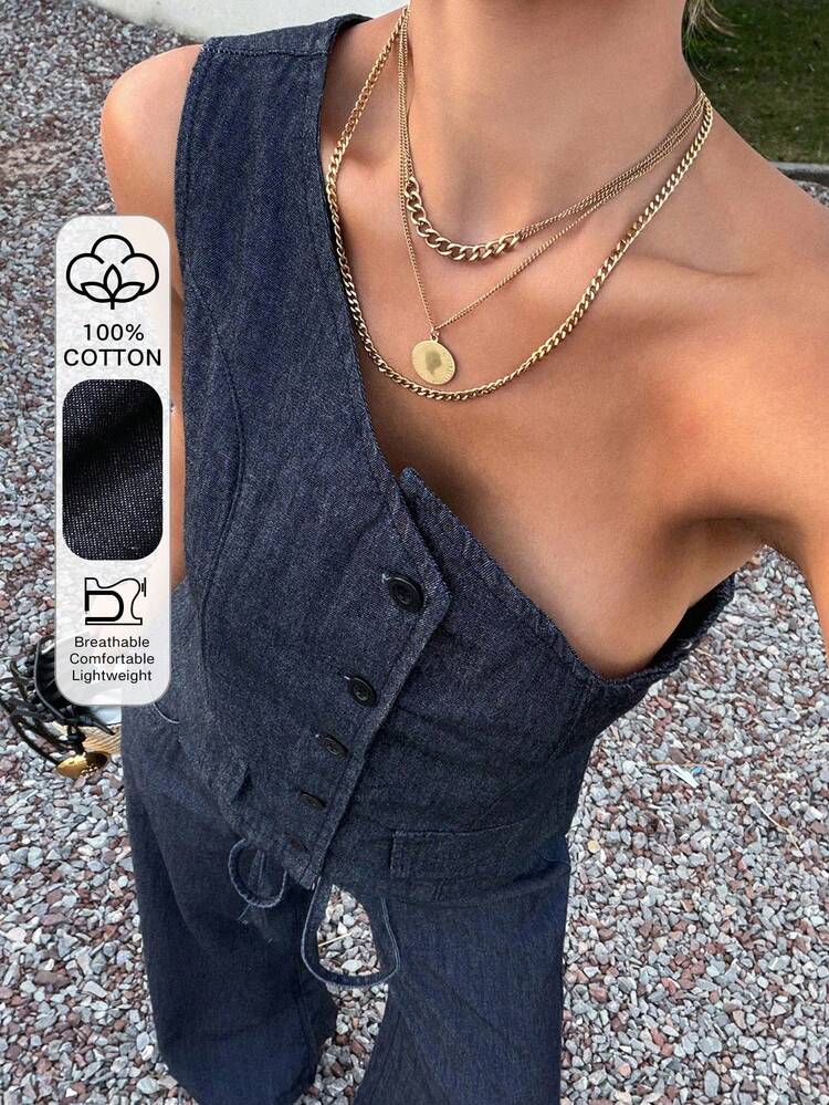 Women's Casual Asymmetric Neck Sleeveless Top And Straight Leg Jeans Set, Spring/Summer