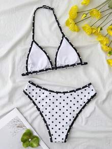 SHEIN 少女夏季新款海边度假时尚甜美可爱撞色波点印花露背比基尼套装 - 白色 - 查看 2