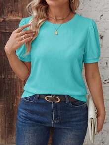 EMERY ROSE Casual Retro Blue Basic Bubble Short Sleeve Round Neck White Basic Plus Size T-Shirt - Blue - View 3