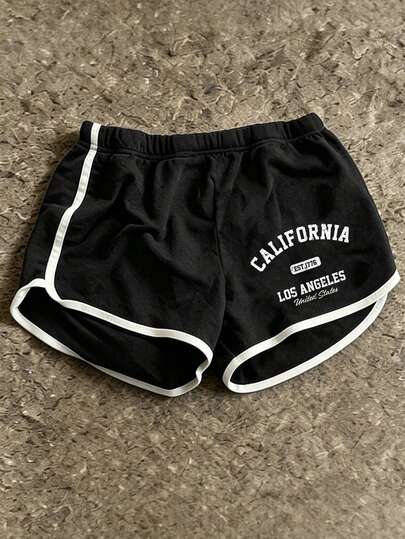 Glimmora 女士休闲撞色拼接短裤，休闲字母印花下装，适合春夏休闲及运动装扮