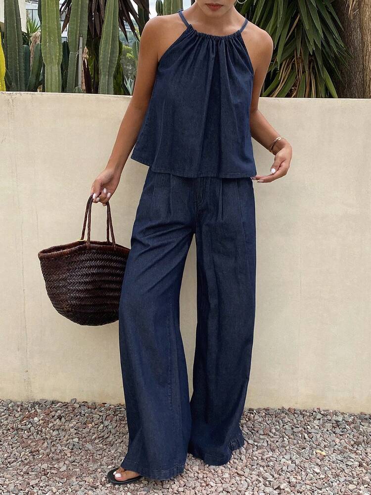 Women's Loose Casual Camisole And Straight Leg Jeans Set, Suitable For Spring And Summer