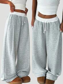 SHEIN Girlism 少女夏季宽松抽绳口袋阔腿运动裤，超大款卫衣裤，休闲百搭，适合学校、校园、大学、日常穿着 - 淺灰色 - 查看 3