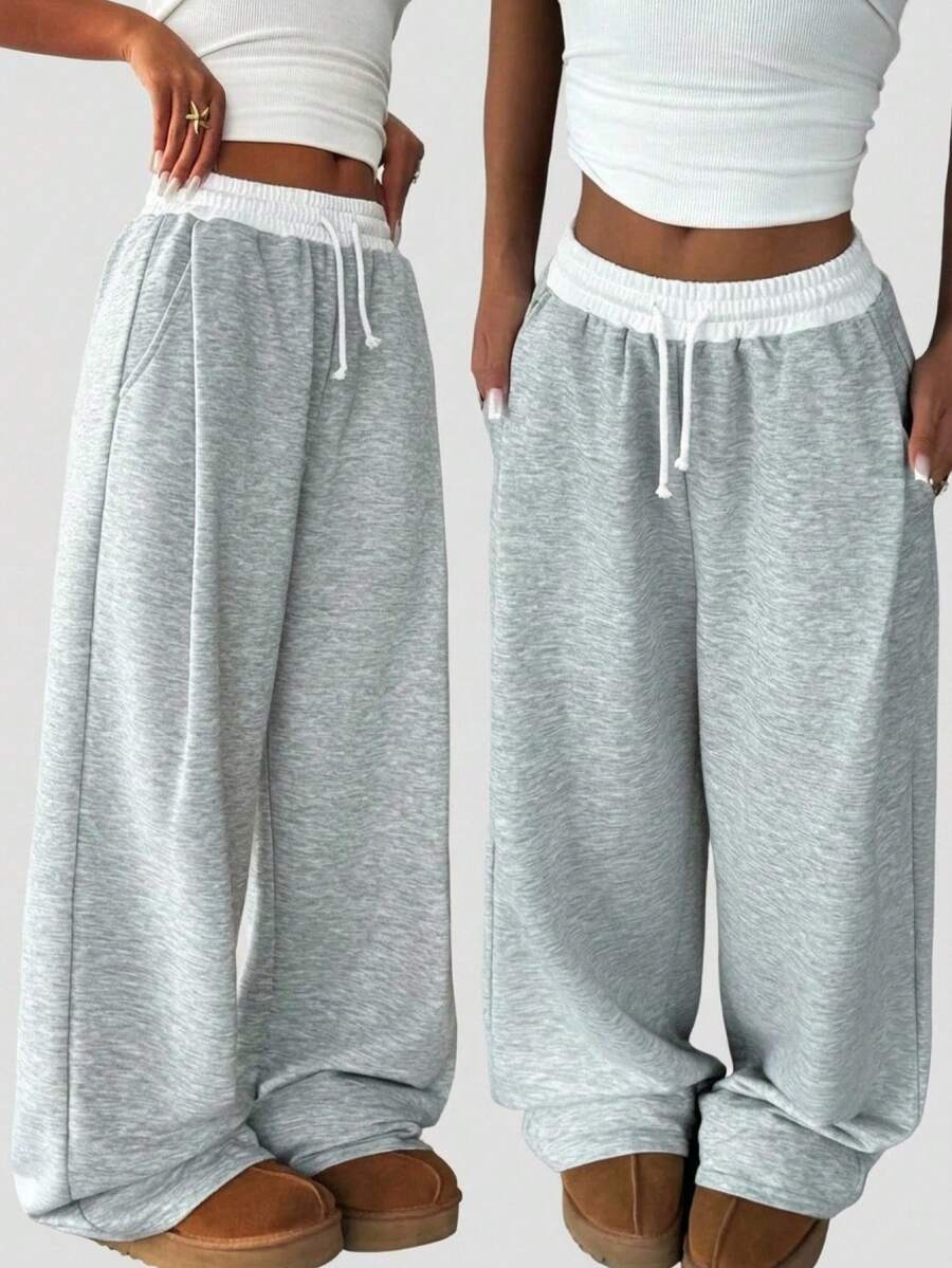 SHEIN Girlism 少女夏季宽松抽绳口袋阔腿运动裤，超大款卫衣裤，休闲百搭，适合学校、校园、大学、日常穿着 - 淺灰色 - 查看 1