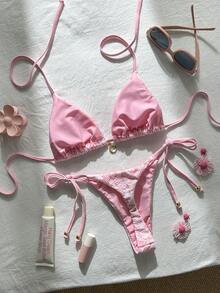 Swim Mod Set Bikini Seksi Wanita dengan Kain Jacquard, Leher Halter, dan Dekorasi Logam, Elegan untuk Musim Panas - Berwarna merah muda - View 3