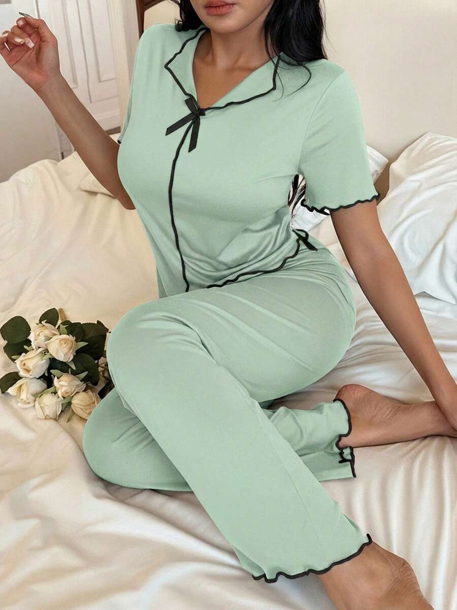 SHEIN 女士薄荷绿V领短前长后蝴蝶结荷叶边柔软牛奶丝短袖长裤,休闲舒适家居服两件套 - 薄荷綠 - 查看 1