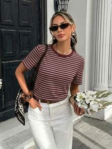 SHEIN Frenchy Áo thun nữ dáng rộng, cổ tròn, tay ngắn, phong cách tối giản, thường ngày. - Nhiều màu - Xem 4
