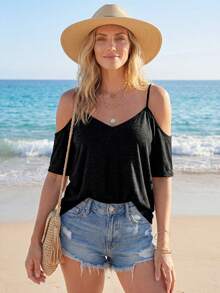 SHEIN LUNE Camiseta de hombros descubiertos de color sólido, informal para el verano - Negro - Ver 5