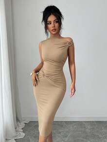 SHEIN Elenzya Asymmetric Neck Waist Cinched Ruffle Hem Elegant Romantic Metallic Decor Women Dress - Apricot - View 5