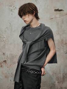 ROMWE MEN Street Life Men's Solid Color Knit Shawl Matched With Round Neck Knit Top Casual Suit - Light Grey - View 5