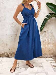 EMERY ROSE Women's Fashion Metal Shell Decor Pocket Versatile Denim Dress For Vacation - Blue - View 4