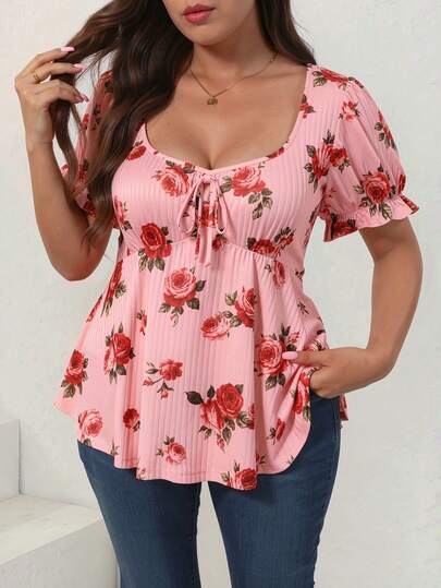 SHEIN Clasi Camiseta de manga abullonada con lazo y estampado floral, talla grande, verano
