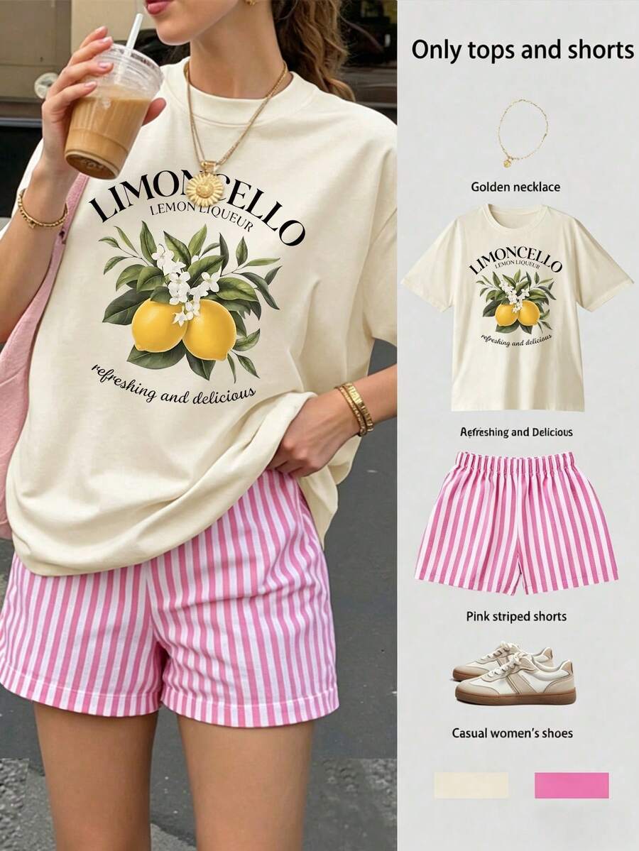 EMERY ROSE Women's Summer Casual Vacation Commute Lemon Print Short-Sleeve T-Shirt And Shorts Two Pieces Set - Multicolor - View 1