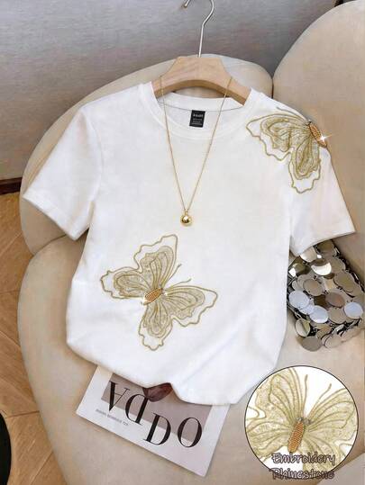 Everyssa Women's T-Shirt, Women's Summer Outfit, Women's New Spring/Summer T-Shirt, Women's Solid Color T-Shirt, Women's Casual T-Shirt, Women's Butterfly Pearl Embroidery 3D Applique T-Shirt, Women's Round Neck Short Sleeve T-Shirt, Suitable For Casual Daily Wear
