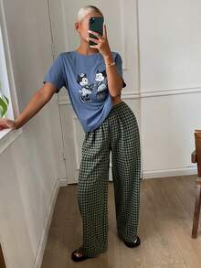 DAZY 女士卡通印花短袖上衣和格子裤休闲家居服套装 - 藍色 - 查看 5