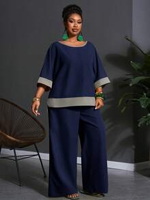 Slaydiva Plus Size Women's Navy Blue Contrast Color 3/4 Sleeve Top And Wide Leg Pants Set,Casual Workwear For Autumn,Nomadic Style Birthday Party & Holiday - Navy Blue - View 8