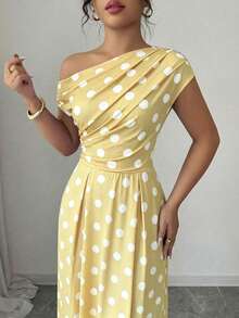 SHEIN Elenzya Đầm chữ A thanh lịch, lãng mạn, cổ lệch bất đối xứng, chấm bi, thích hợp cho tiệc trà ngày Valentine. - Nhiều màu - Xem 4