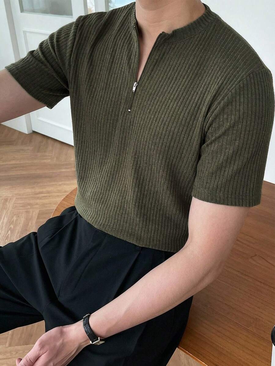 DAZY 罗纹面料橄榄绿短袖圆领半开襟男士T恤 夏季 - 軍綠色 - 查看 1