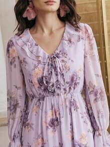 Anewsta Nuevo vestido largo con estampado floral, cuello en V profundo, volantes en el bajo, de fluido y romántico, para mujer, llegada de primavera/verano - Morado - Ver 8
