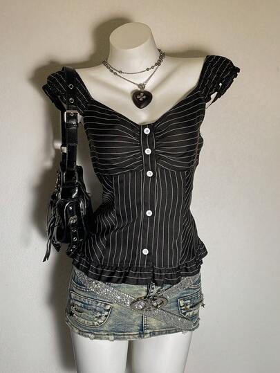 Attitoon Casual Retro Punk Y2K Versatile Black & White Striped Shirt, Suitable For Music Festivals, Gothic Style, Summer Outings, Women