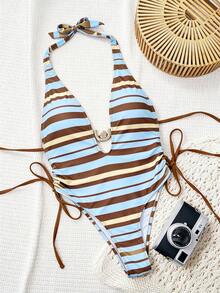 Swim SXY 蓝色多色条纹深V领系带褶皱金属装饰休闲沙滩连体泳衣女款 - 彩色 - 查看 5