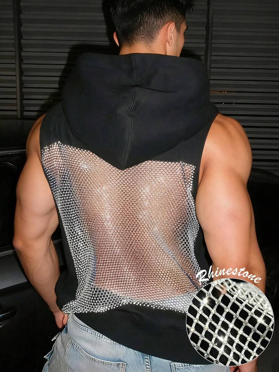 ZURIURI 男士性感街頭風 Techno 時尚休閒通勤夜店 Rave 網布拼接水鑽無袖連帽背心,夏季黑色 - 黑色 - 查看 1
