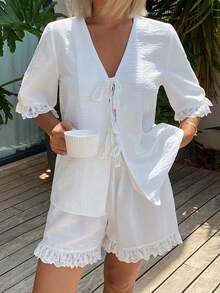 Women's Textured Lace Splice Tie-Up Top And Casual Shorts Pajama Set - White - View 3