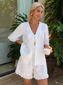 Women's Textured Lace Splice Tie-Up Top And Casual Shorts Pajama Set - White - View 5