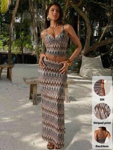 Optris 彩色条纹复古印花V领露背吊带短款上衣搭配高开衩直筒裙两件套，适合夏季、度假、海滩、音乐节、日常休闲穿着。 - 彩色 - 查看 1