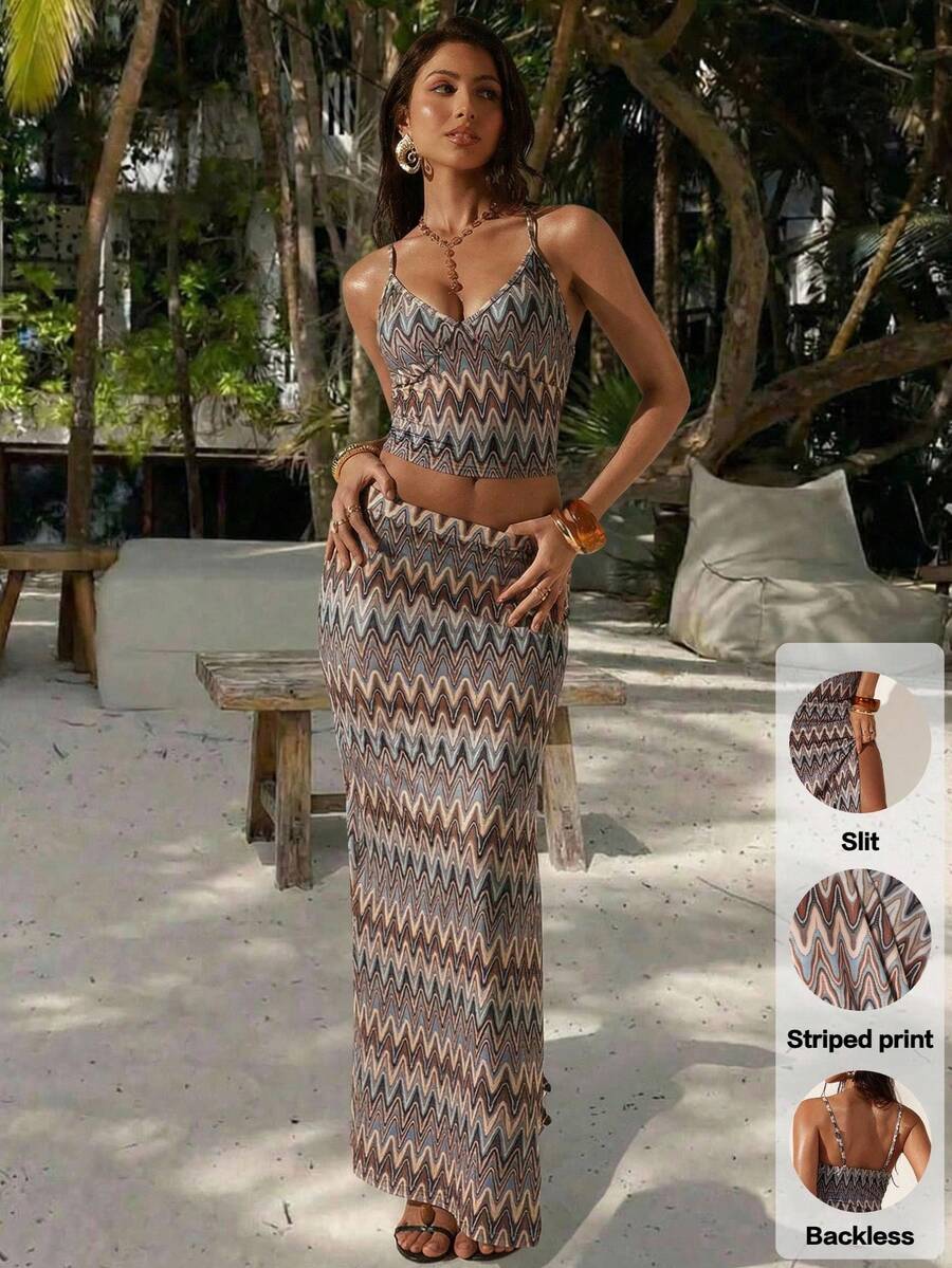 Optris 彩色条纹复古印花V领露背吊带短款上衣搭配高开衩直筒裙两件套，适合夏季、度假、海滩、音乐节、日常休闲穿着。 - 彩色 - 查看 1