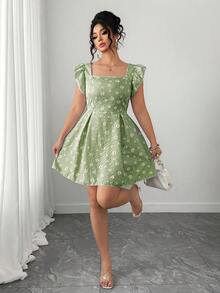 Elenzga Đầm chữ A tay phồng cổ vuông họa tiết hoa cúc tươi mát mùa hè dành cho nữ, đầm tay phồng in họa tiết hoa cúc sọc xanh cổ điển, đầm hoa nhí tay ngắn cổ vuông thời trang cho mùa hè, thích hợp mặc hàng ngày, đi mua sắm hoặc gặp gỡ bạn bè. - màu xanh lá - Xem 5