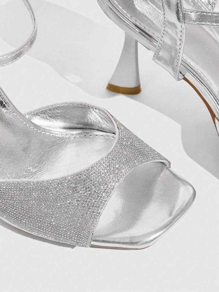 CUCCOO SZL Women Shoes Spring And Summer New Rhinestone Full Diamond Design Square Toe Thin Heel High Heel Sandals, Luxury Sparkling Metal Gold, Dinner Party Date Summer Wear Summer Shoes
