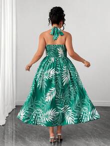 SHEIN Elenzya Đầm maxi cỡ lớn in họa tiết hoa nhiệt đới, kiểu dáng cúp ngực, thắt eo, thanh lịch, không tay, thích hợp cho kỳ nghỉ hè. - màu xanh lá - Xem 2