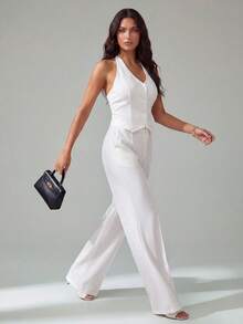 SHEIN Tall Women's Sleeveless Vest Top & Wide Leg Pants 2 Piece Set, Elegant Casual Wear For Commuting, Spring/Summer Women Vacation Outfit Sets Women 2 Piece Outfit Classy Coords Outfit For Women Women Elegant Outfits,Work Outfits For Women - White - View 4